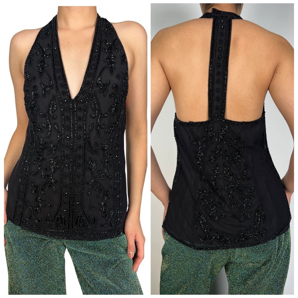 Ralph Lauren Beaded Halter Top Dress Blouse Black Evening Formal Tank 90s y2k 8